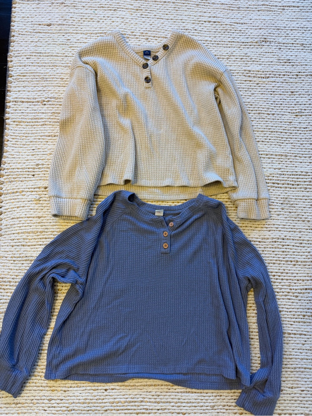 Kids Waffle Henley Long Sleeve Top - Blue and Cream